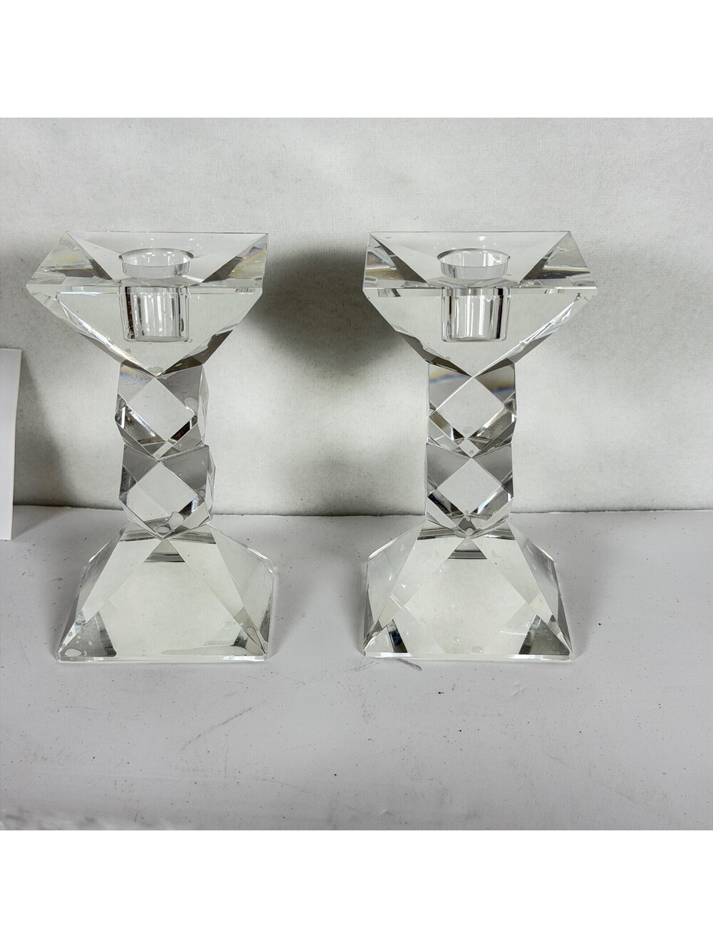 Set of 2 Oleg Cassini Signed Crystal Candlestick Holders Geometric Faceted Desig